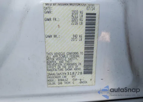 2015 Nissan Altima из США, поврежденный, VIN 1N4AL3AP2FN318728